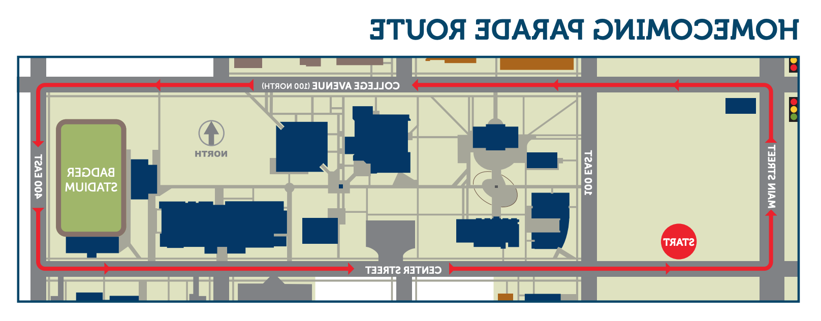 Map of the Snow College 2024 Parade Route: Starts on Center Street between 100 East and Main Street, moves to Main Street, turns right on College Avenue (100 North), turns right on 400 East, and ends on Center Street.